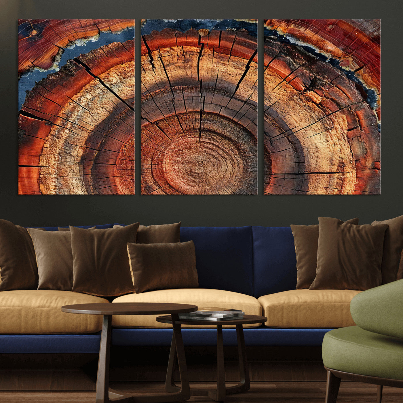 MGV-CV-60X30-3P - Abstract Tree Ring Art, Colorful Tree Ring Wall Decor, Minimalist Home Canvas Art, Modern Farmhouse