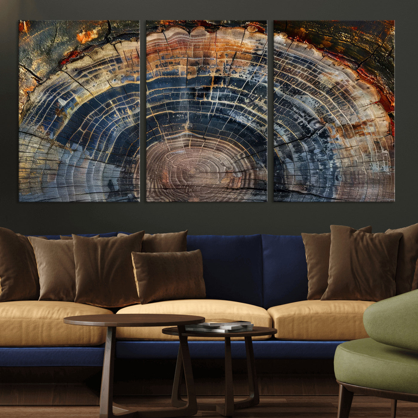 MGV-CV-60X30-3P - Framed Tree Ring Wall Art - Abstract Colorful Tree Ring Wall Decor, Minimalist Home Canvas Art,