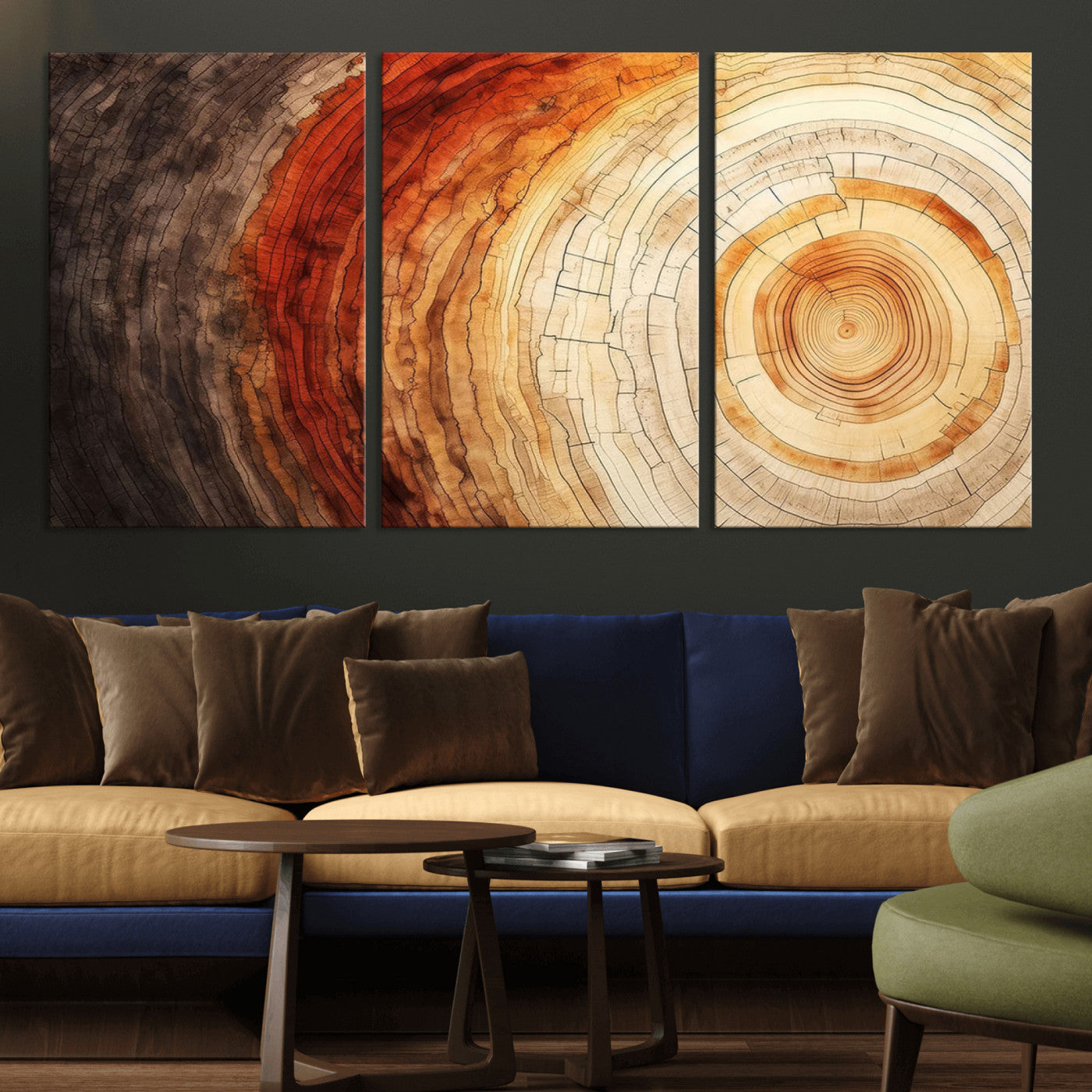 MGV-CV-60X30-3P - Tree Ring Print on Canvas Wall Art, Tree Stump Print, Wood Wall Art Living Room, Abstract Natural
