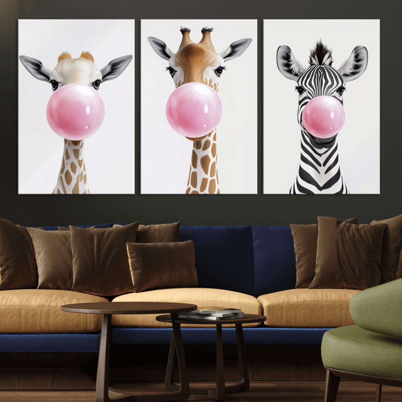 MGV-CV-60X30-3P - Bubblegum Animals Canvas Wall Art - Playful Giraffe and Zebra Trio, Fun Nursery Decor for Kids'