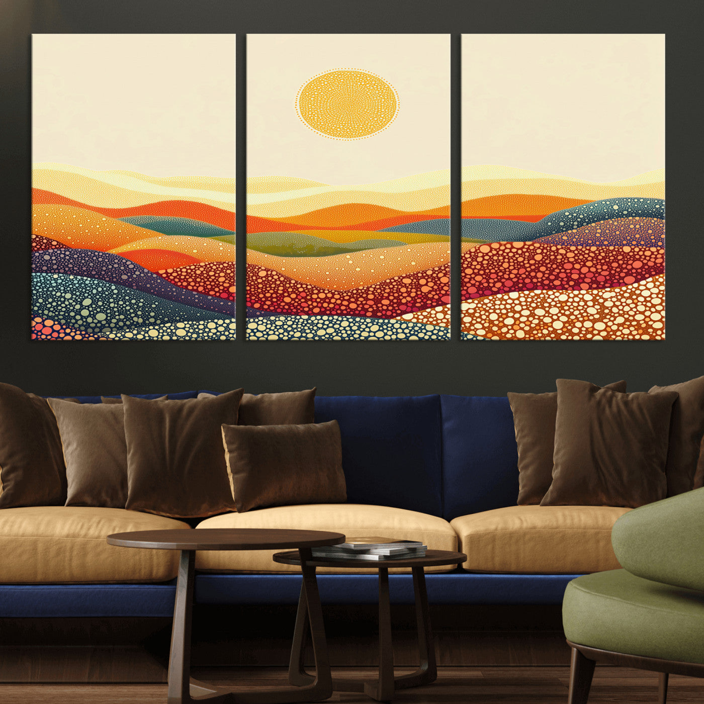 MGV-CV-60X30-3P - YAYOI KUSAMA Colorful Dot Art Landscape Canvas - Framed Abstract Pointillism Inspired by Nature with