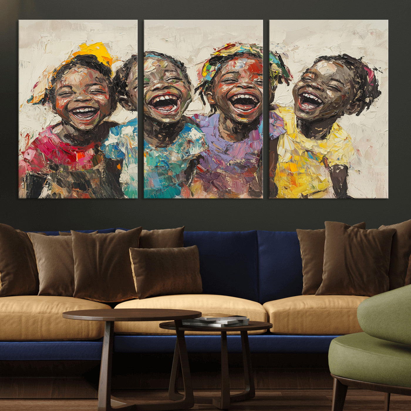 MGV-CV-60X30-3P - Shai Yossef style Joyful Childhood Canvas Wall Art - Expressive Impasto Painting of Black Children