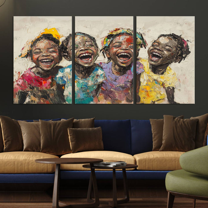 The Joyful Childhood Canvas Art by Shai Yossef, depicting kids laughing, is featured in the living room.