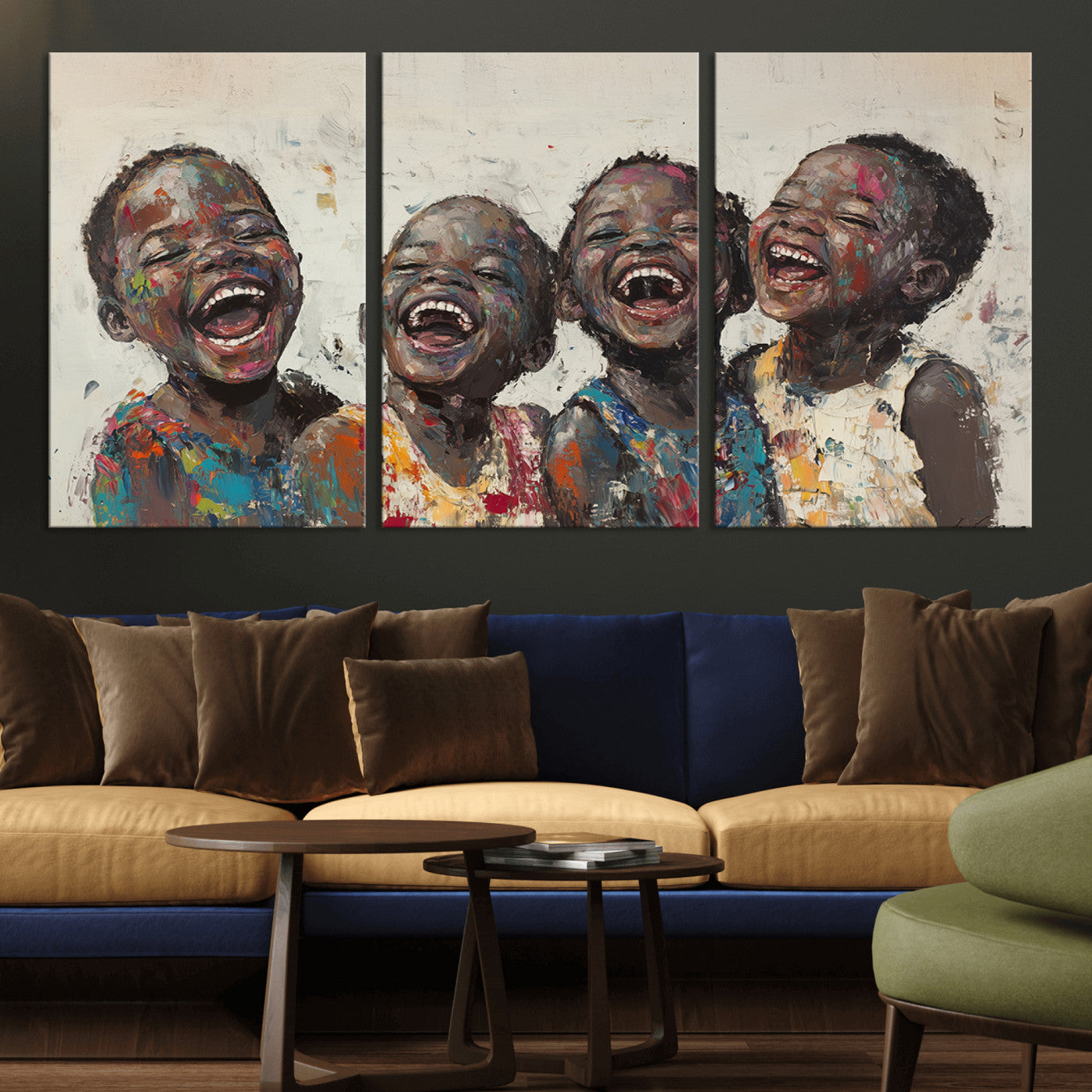 85256-MGV-CV-36X24-Shai Yossef Print - Joyful Childhood Canvas Wall Art - Expressive Impasto Painting of Laughing