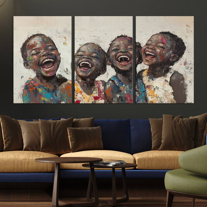 This Shai Yossef Print - Joyful Childhood Canvas Wall Art is an expressive impasto painting of laughing children. As framed abstract art for your living room, it adds a touch reminiscent of Shai Yossef's unique style to any living space.