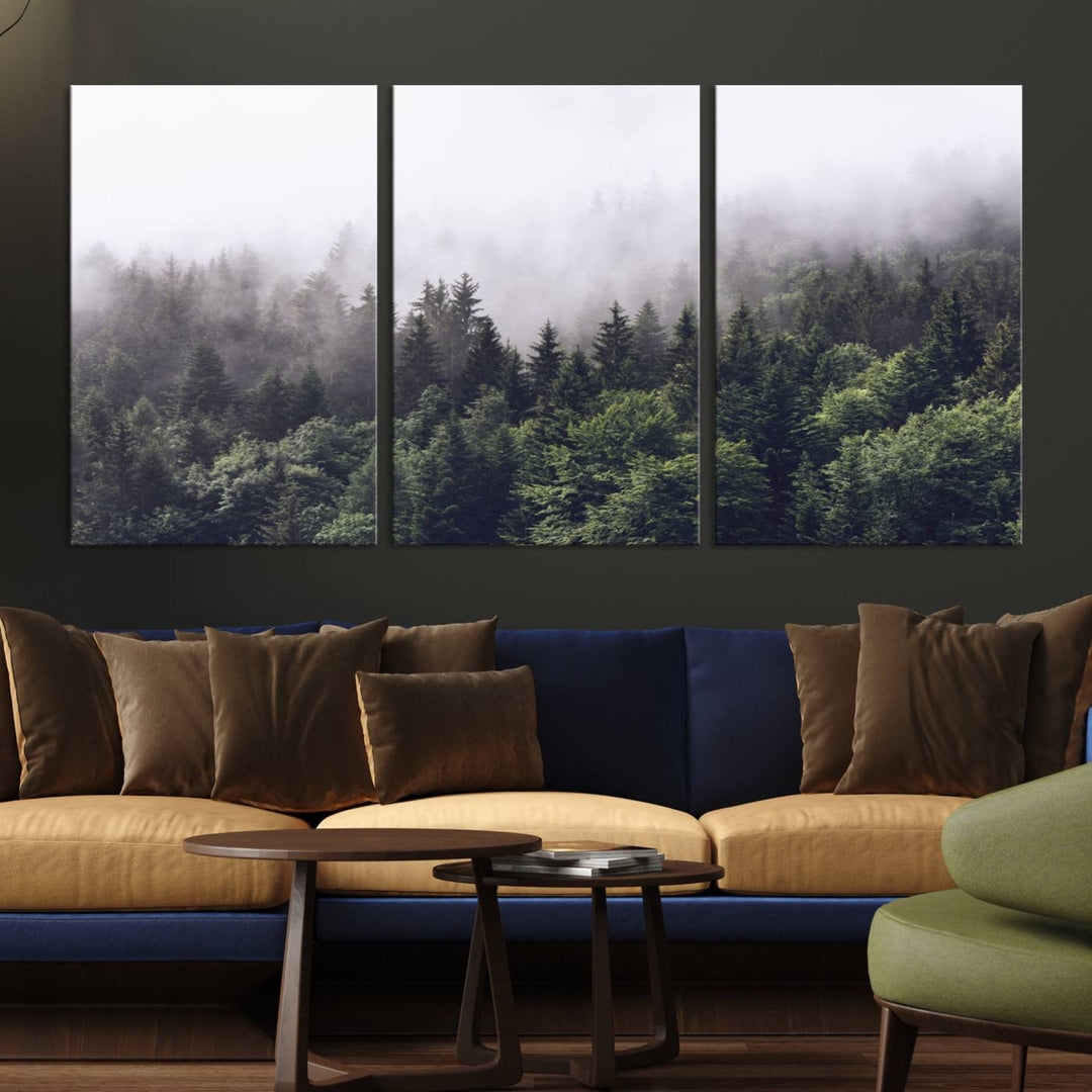 A serene triptych nature print featuring a misty forest, perfect as wall art.