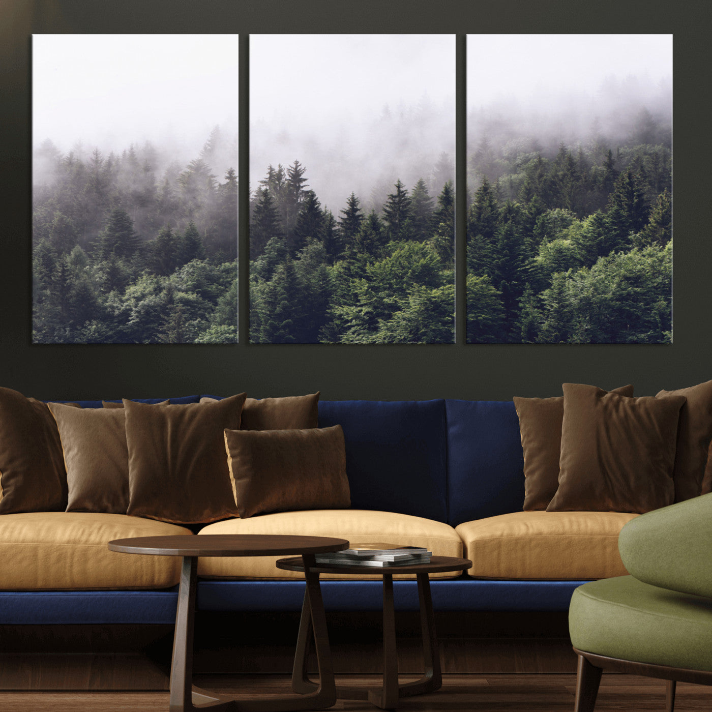 MGV-CV-60X30-3P - Misty Forest Wall Art | Foggy Forest Canvas Print | Large Nature-Inspired Misty Tree Landscape for
