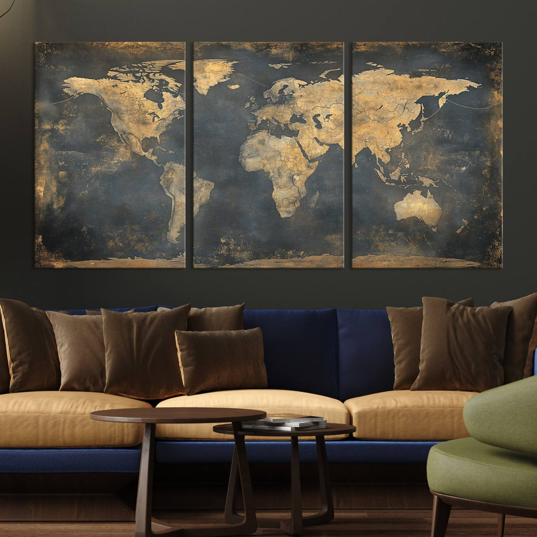 Grunge World Map Canvas Wall Art - Vintage Aged World Map with Golden Tones, Framed Artwork for Living Room, Office, or Study Decor