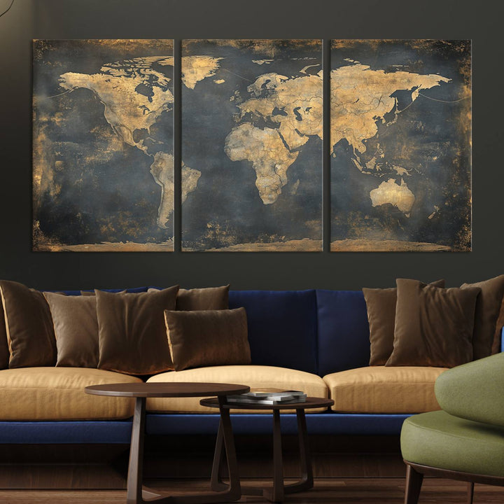 Grunge World Map Canvas Wall Art - Vintage Aged World Map with Golden Tones, Framed Artwork for Living Room, Office, or Study Decor