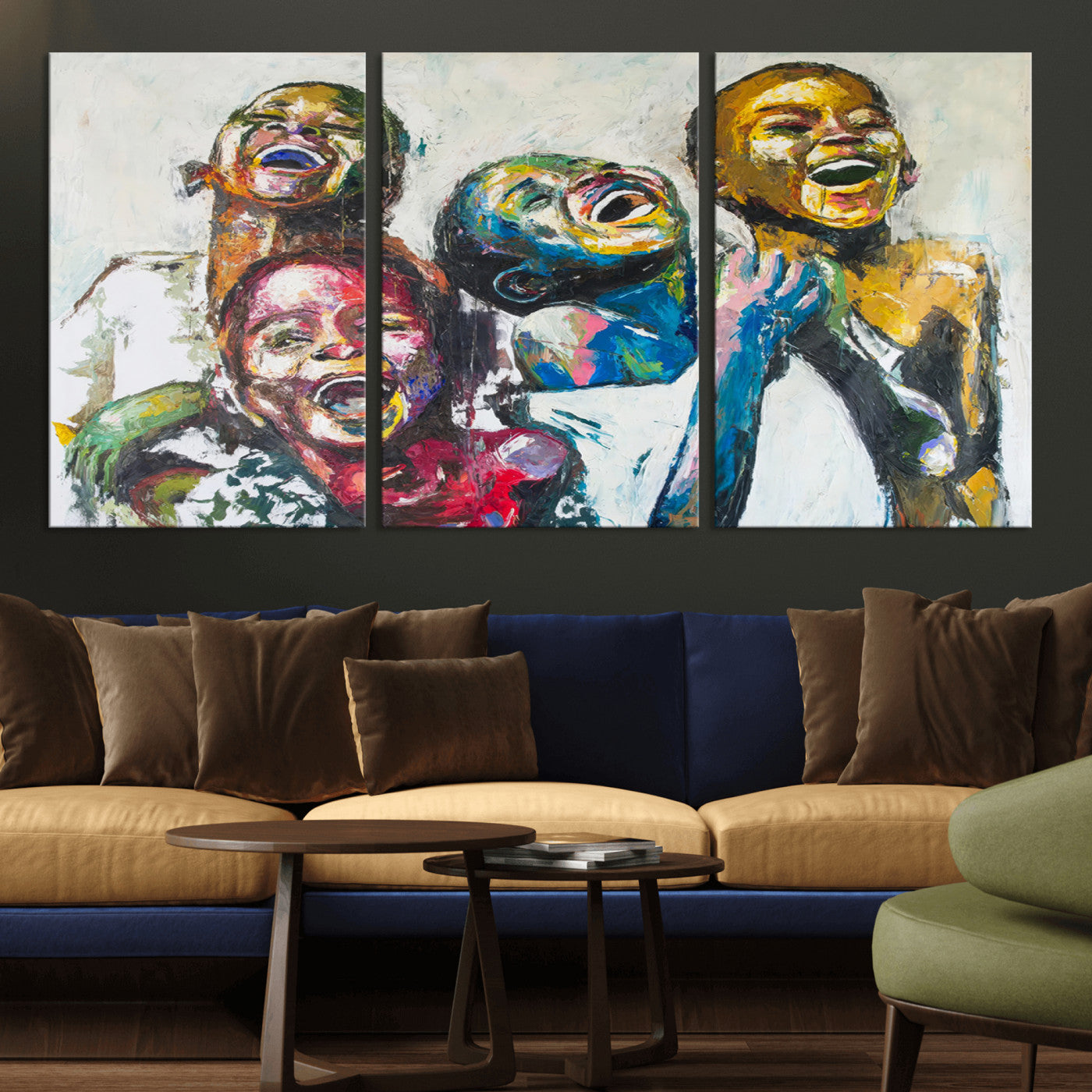 MGV-CV-60X30-3P - Shai Yossef Style Canvas Art - Joyful African Black Kids Impasto Painting with Vibrant Brushstrokes,