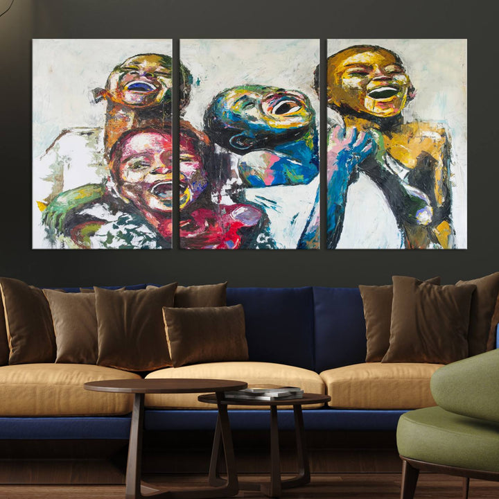 A vibrant Shai Yossef canvas art of joyful kids hangs prominently.