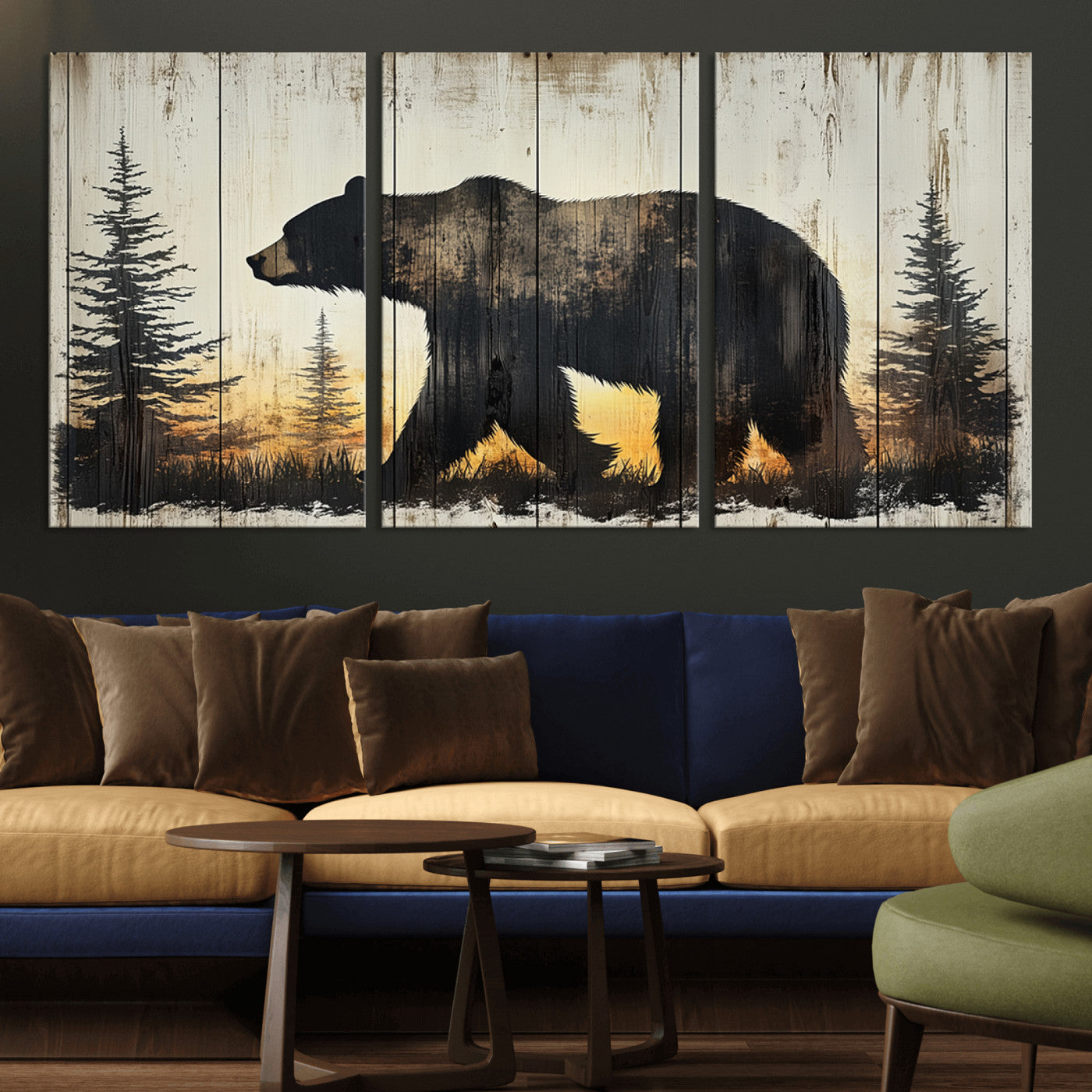 83875-MGV-CV-36X24-Vintage Bear Wall Art Canvas Print for Farmhouse - Mountain Wood Canvas Wall Art - Forest Silhouette