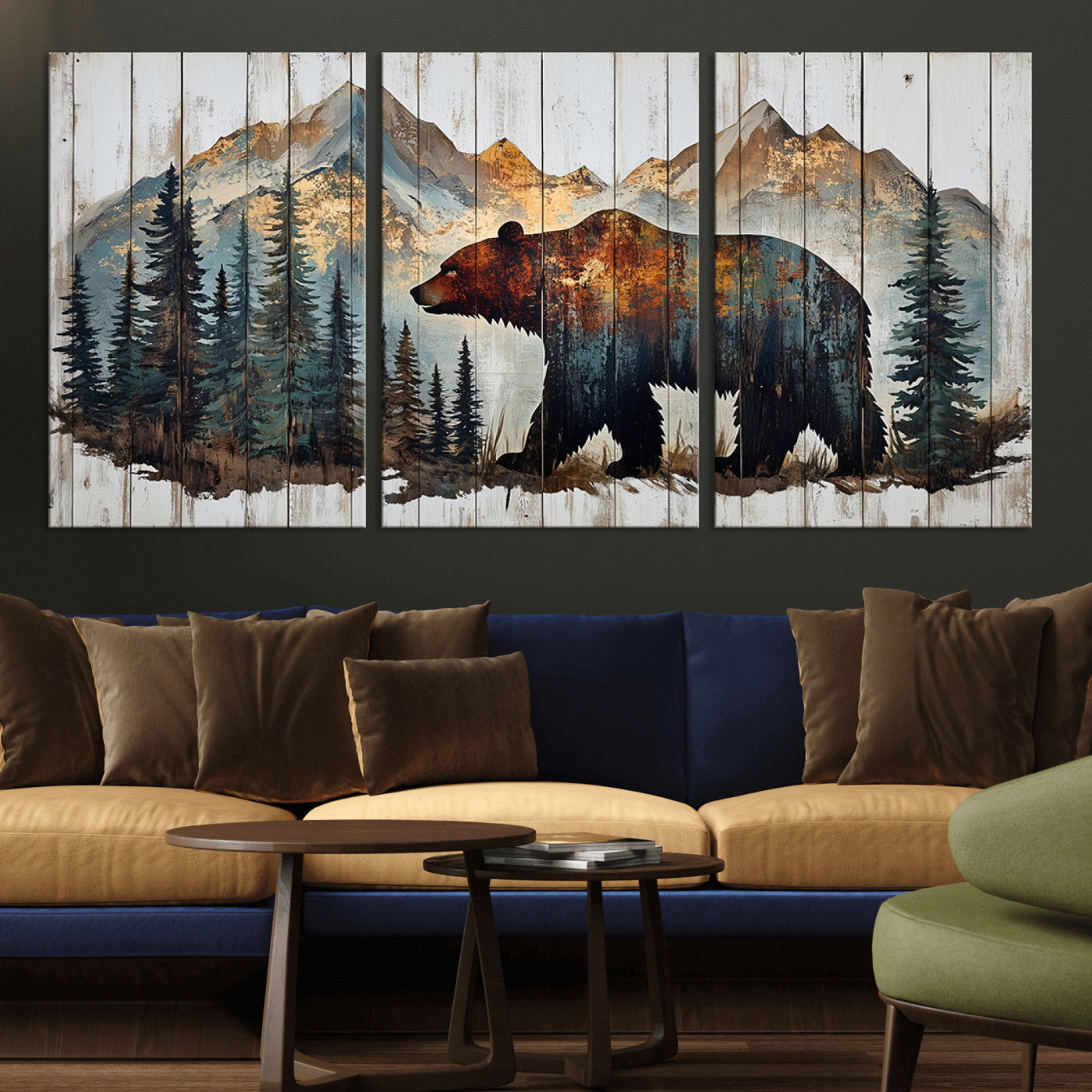 55777-MGV-CV-36X24-Rustic Grizzly 399 Bear and Mountain Wood Canvas Wall Art - Framed Nature Artwork with Forest