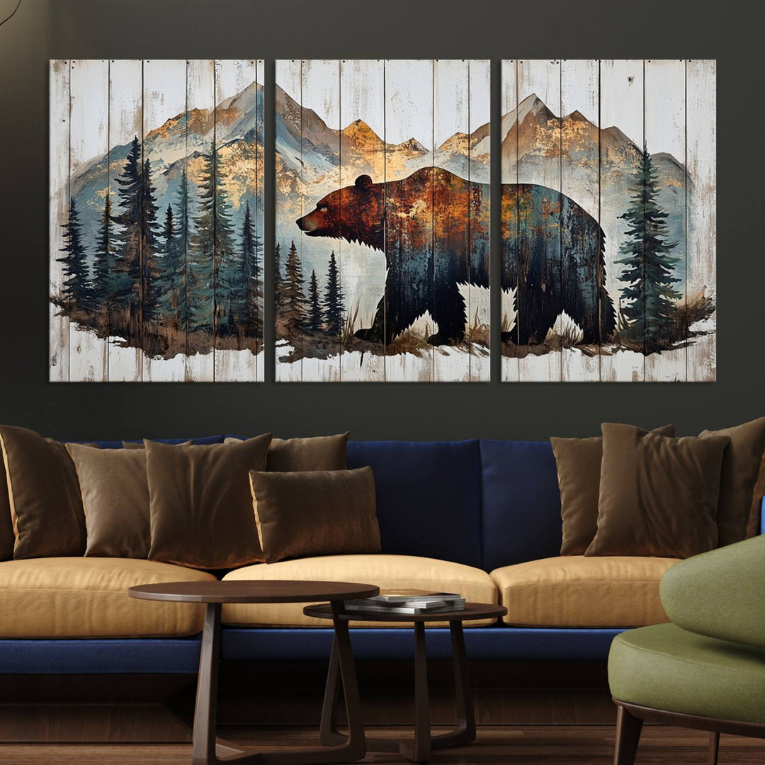 The living room features Rustic Grizzly 399 bear wall art, adding a cozy touch to the setup.