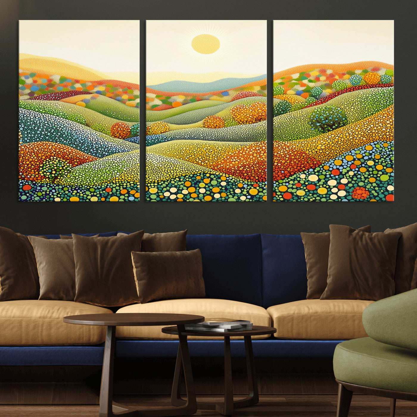 MGV-CV-60X30-3P - YAYOI KUSAMA Colorful Dot Art Landscape Canvas - Framed Abstract Pointillism Inspired by Nature with