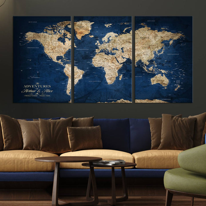 A Personalized Custom World Map Canvas Print on blue hangs prominently.