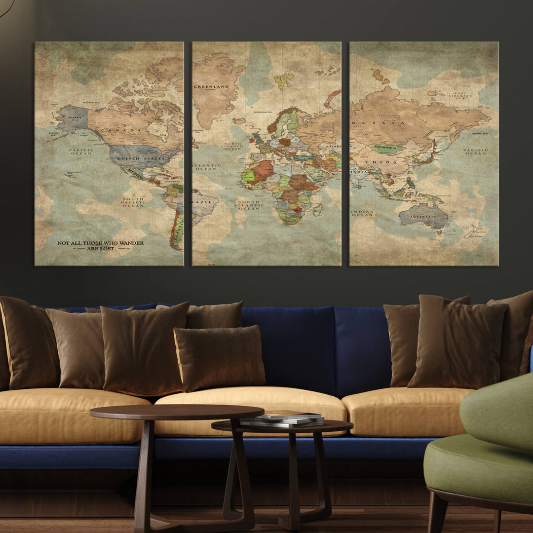 A Personalized World Map Canvas Print in vintage style enhances the setting with its artistic charm.