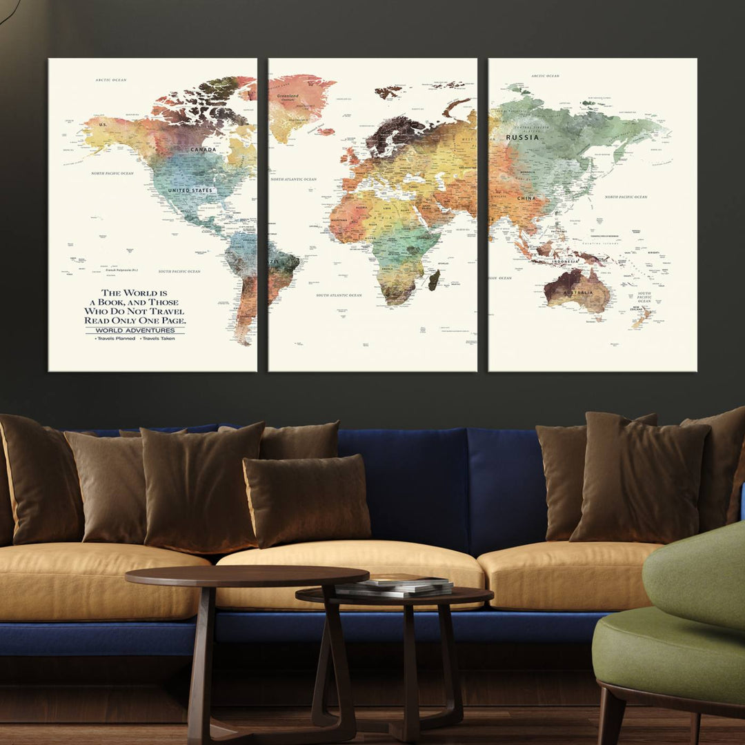 A colorful Personalized World Map Canvas Print, ideal as wall art for living room or office.