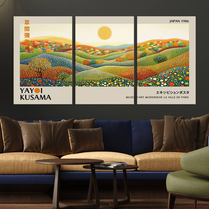 The Yayoi Kusama Wall Art Print – Wabi Sabi Japanese wall art features a vibrant abstract landscape design with dotted patterns and a bright yellow sun.