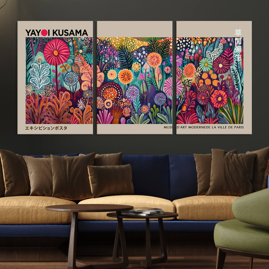 A framed "Yayoi Kusama Wall Art Canvas Print" showcases an abstract floral design, reflecting Japanese aesthetics.