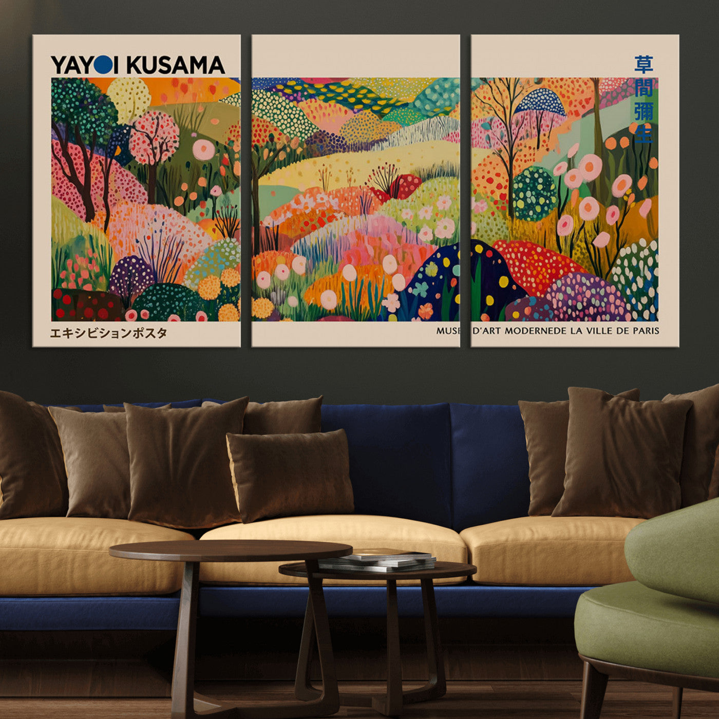 MGV-CV-60X30-3P - Yayoi Kusama Japanese Art Canvas Print, Abstract Art, Large Yayoi Kusama Framed Print, Japanese Wabi