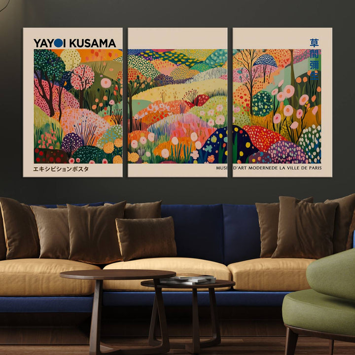 A Yayoi Kusama Wall Art Canvas Print featuring vibrant abstract floral patterns is displayed in a tranquil forest setting.