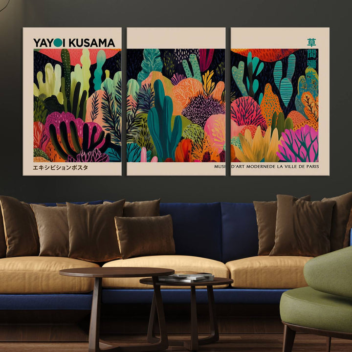 The vibrant canvas print of wall art features abstract plants, with the elegant text "Yayoi Kusama Wall Art Canvas Print" displayed on the colorful frame.