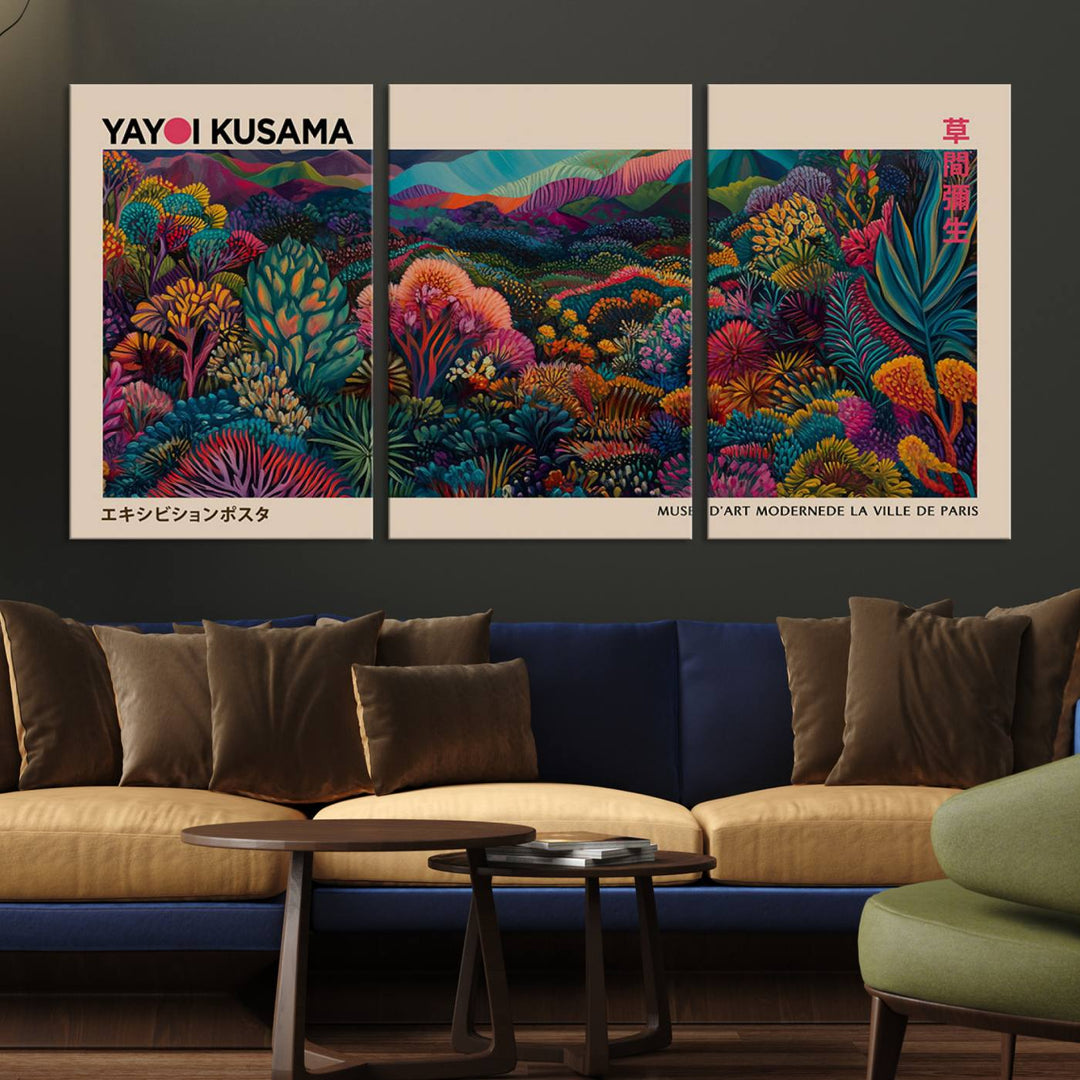 The Yayoi Kusama Wall Art Canvas Print features a vibrant and colorful landscape with abstract vegetation, perfectly capturing the essence of Japanese Wabi Sabi aesthetics.