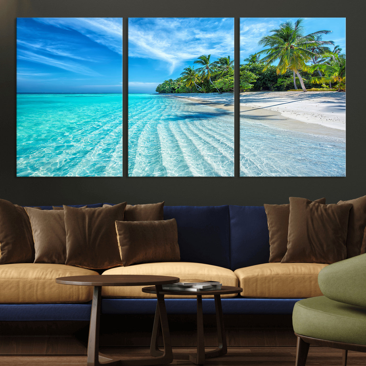 MGV-CV-60X30-3P - Tropical Beach Wall Art Canvas Print - Serene Ocean Landscape with Crystal Clear Turquoise Water and