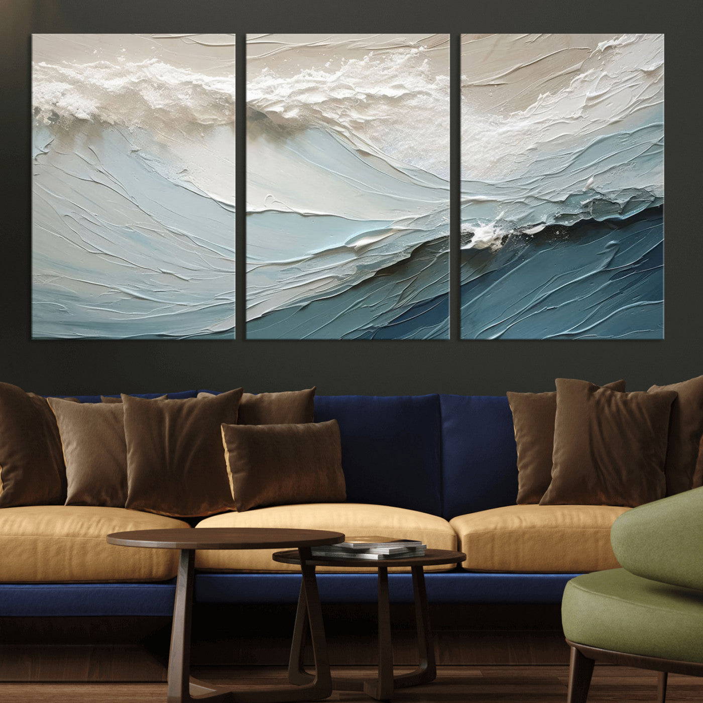 MGV-CV-60X30-3P - Waves Abstract Wall Art Print, Modern Framed Abstract Canvas Print, Abstract Painting for Living