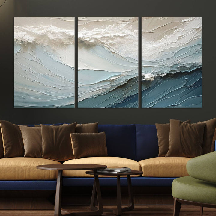 The Waves Abstract Wall Art Print, a captivating piece of modern framed abstract canvas, beautifully decorates the wall. This abstract painting is designed to enhance your living room decor and offers the convenience of being ready to hang.