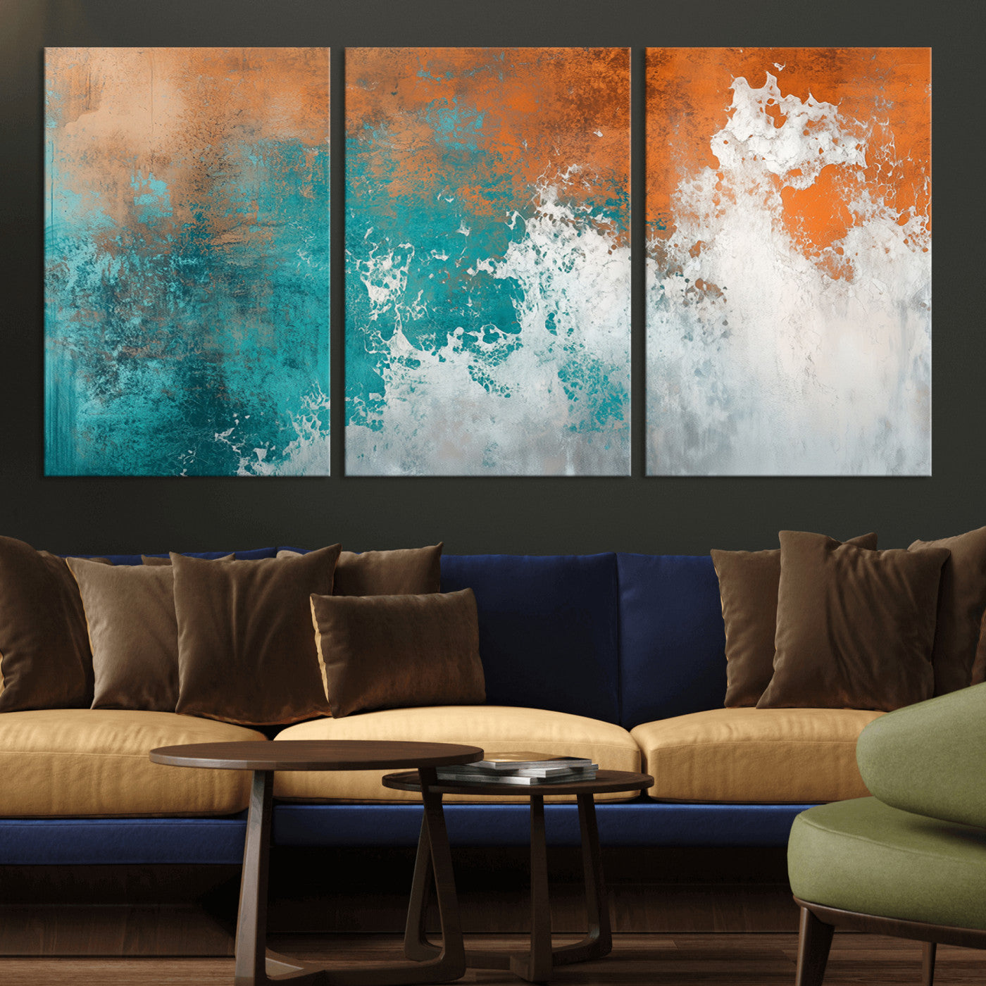MGV-CV-60X30-3P - Vintage Abstract Print - Bold Teal and Orange Canvas Wall Art - Retro-Vintage Abstract Orange Canvas