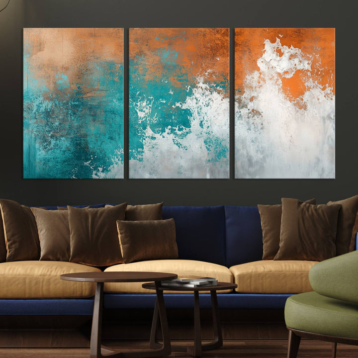 Vintage Abstract Print - Bold Teal and Orange Canvas Wall Art - Retro-Vintage Abstract Orange Canvas for Modern Decor