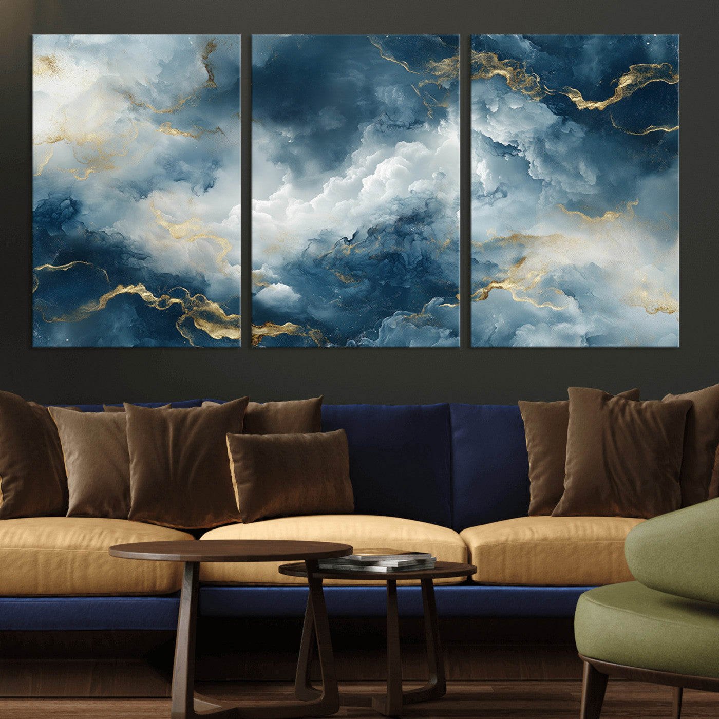 MGV-CV-60X30-3P - Large Abstract Print - Luxe Blue and Gold Abstract Canvas Wall Art - Bold Cloudscape Canvas for