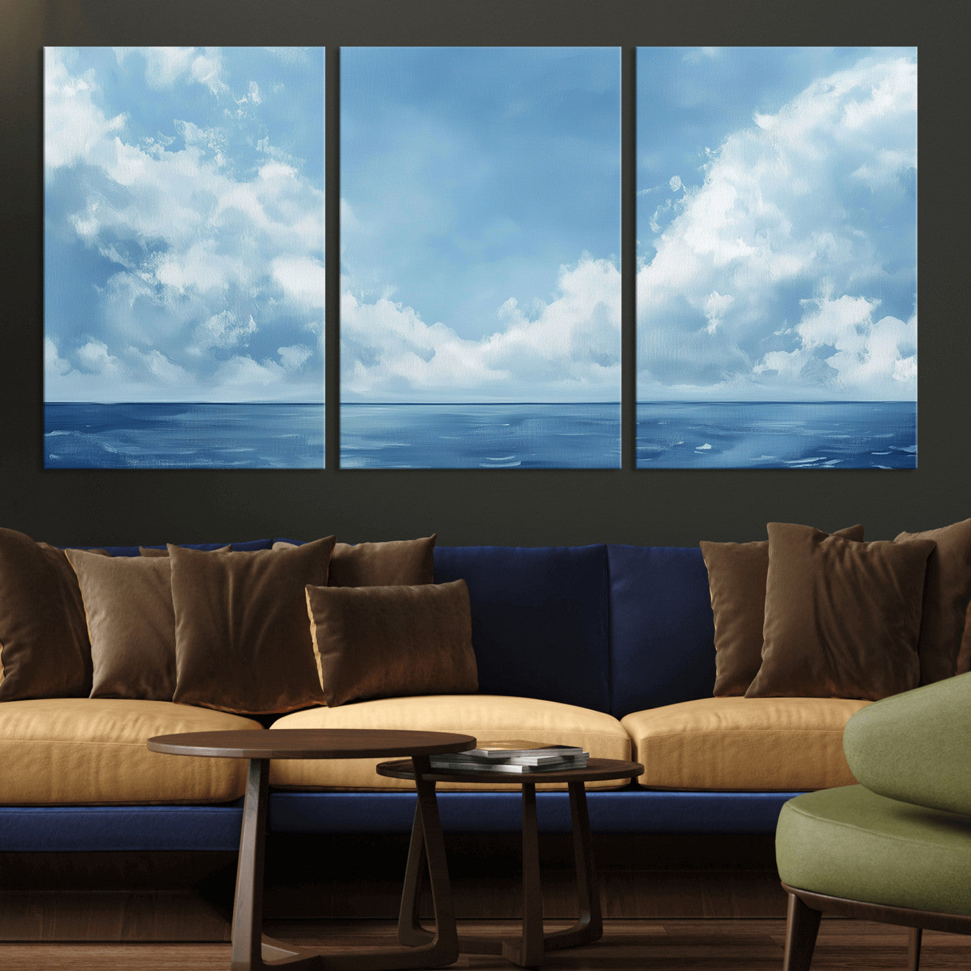 MGV-CV-60X30-3P - Abstract Ocean Print Artwork- Serene Blue Ocean Canvas Wall Art - Minimalist Ocean and Sky Canvas