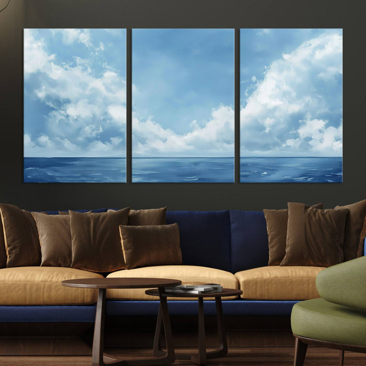 Abstract Ocean Print - Serene Blue Canvas displayed on a porch featuring minimalist decor.