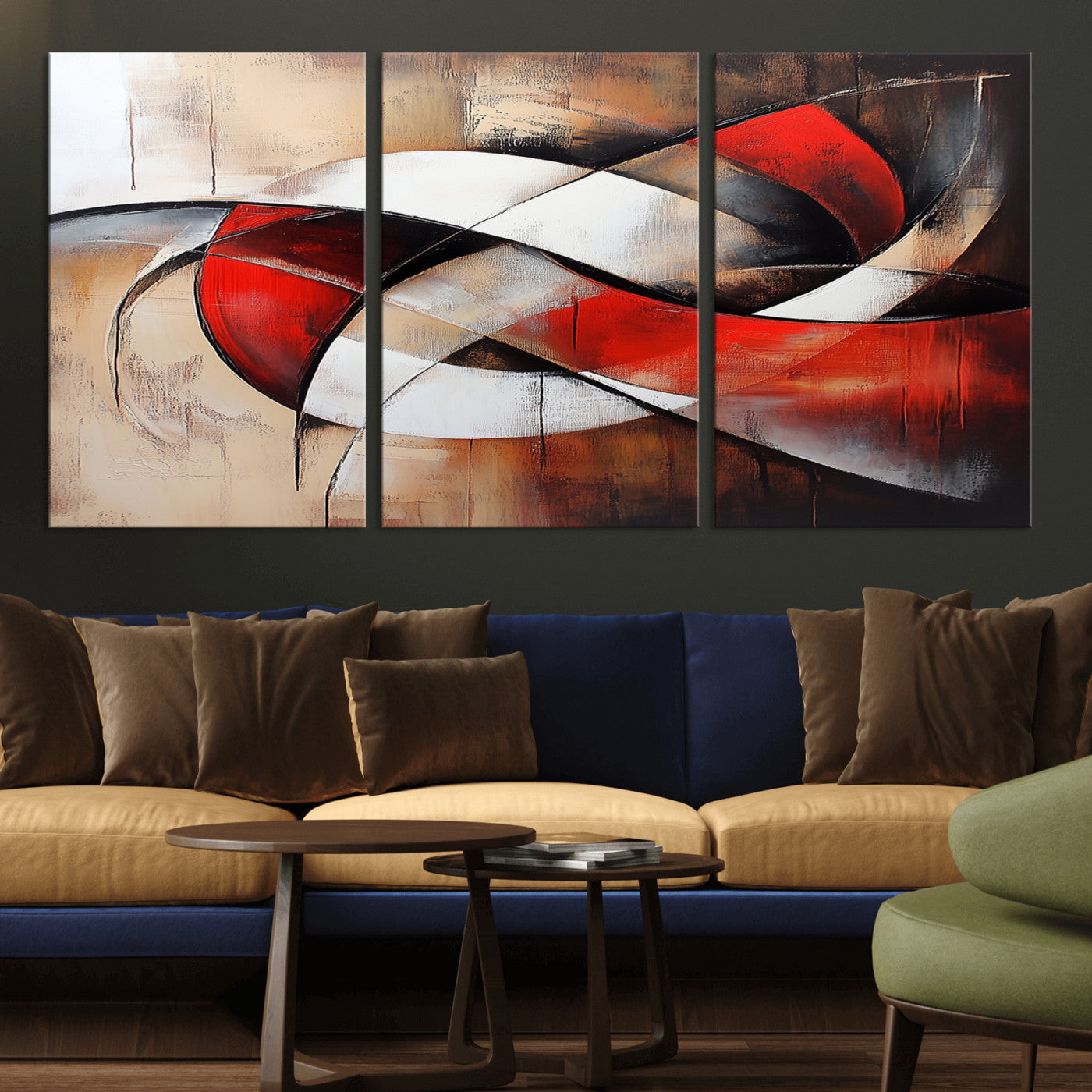 MGV-CV-60X30-3P - Abstract Wall Art - Modern Red and White Canvas Wall Art Print - Bold Geometric Abstract Canvas for