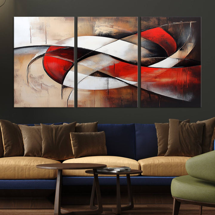 In a contemporary living room, the sunlight casts artistic shadows and highlights an abstract triptych wall art featuring bold red and white geometric shapes.