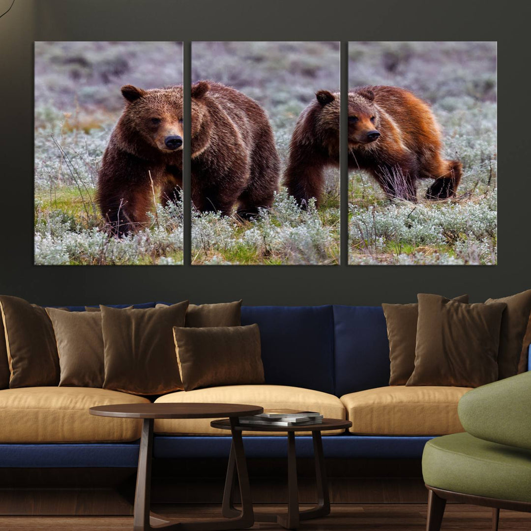 The "Grizzly 399 in Wild Flowers" wall art canvas print, showcasing grizzly bears amidst vibrant wildflowers, elegantly captures the enchanting essence of nature. This handmade piece from the USA brings striking beauty to any space.