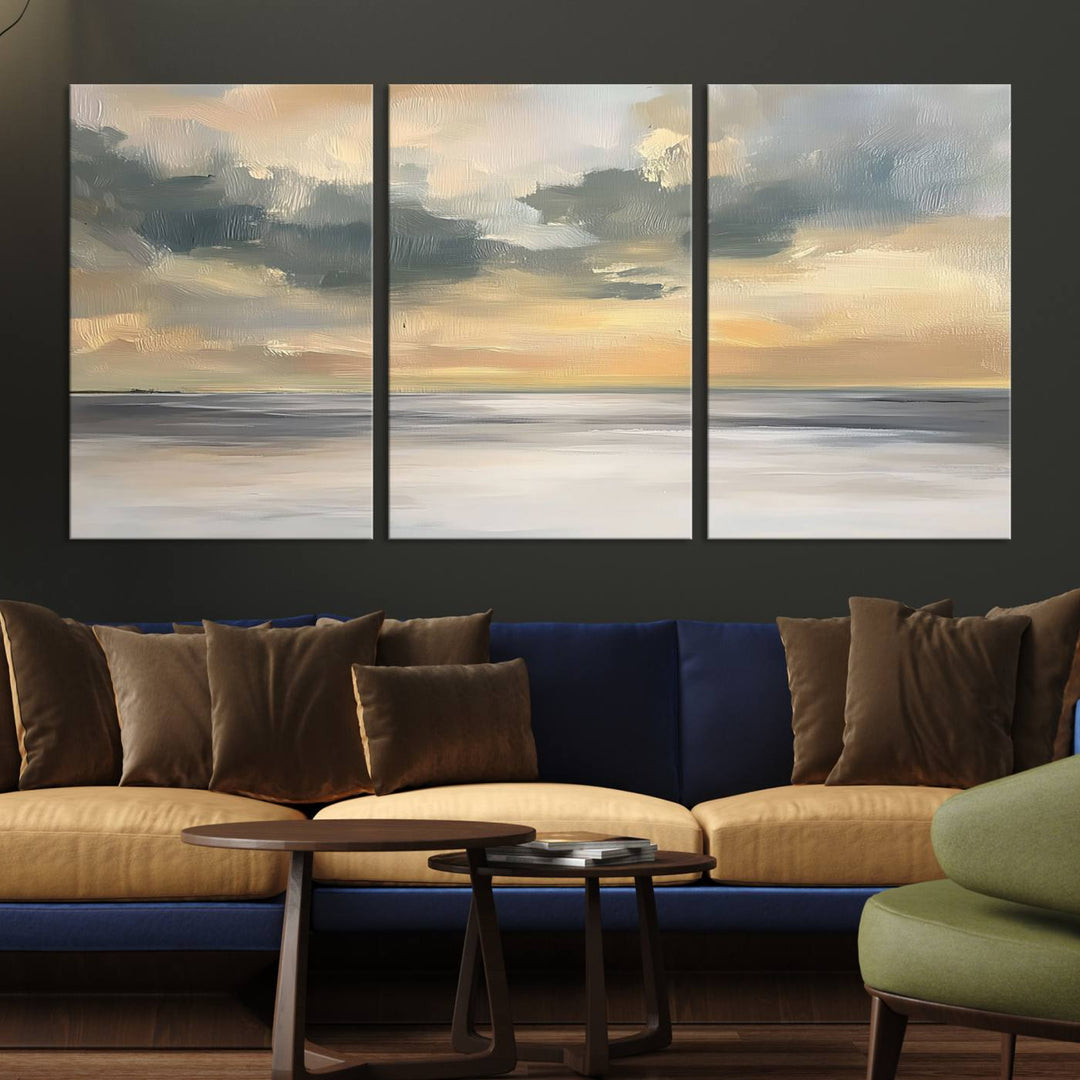 The "Abstract Ocean Wall Art Canvas Print" features vibrant ocean waves under a cloudy sky, crafted on premium canvas.