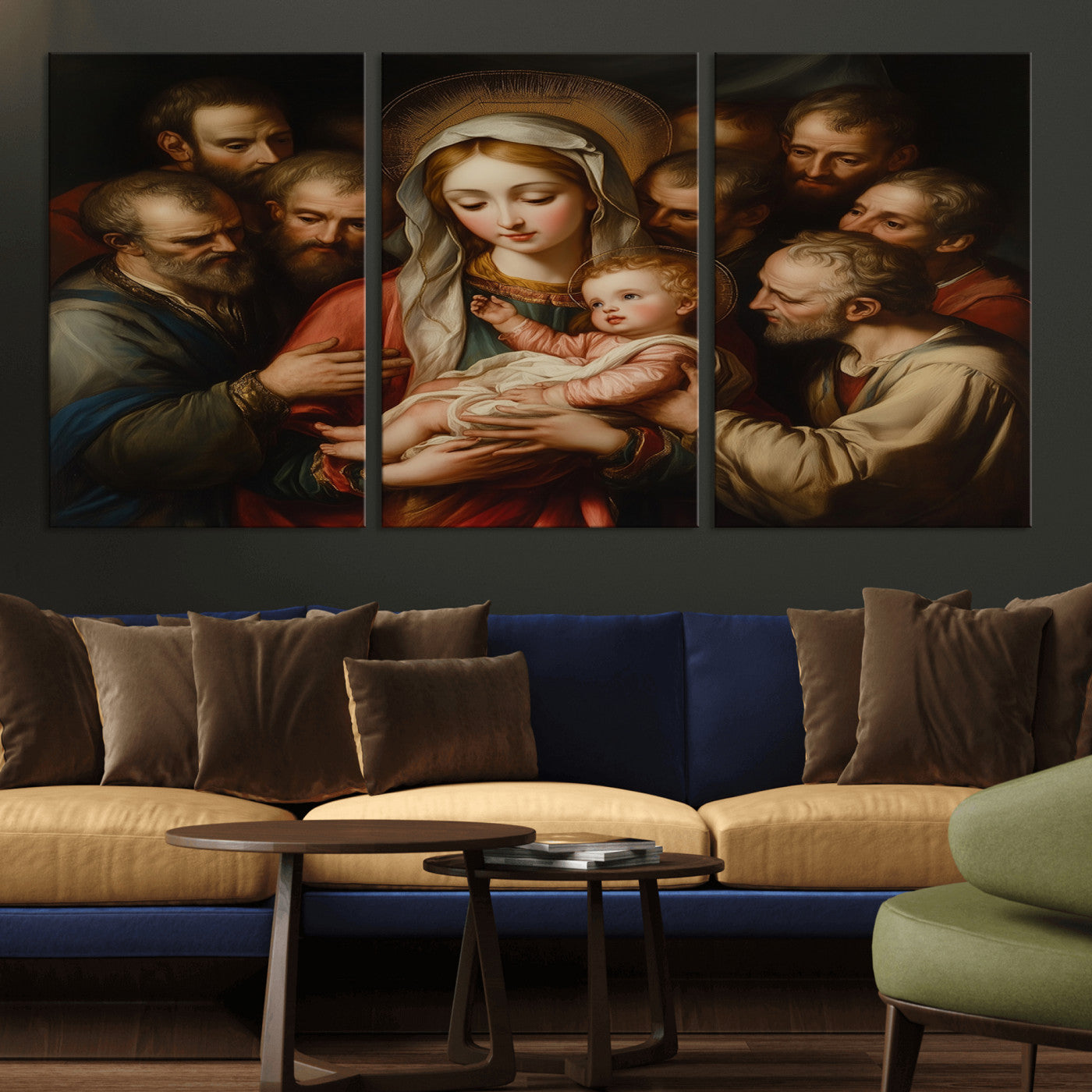 MGV-CV-60X30-3P - Religious Canvas Wall Art Print - Madonna and Child with Apostles Art Print - Classic Christian