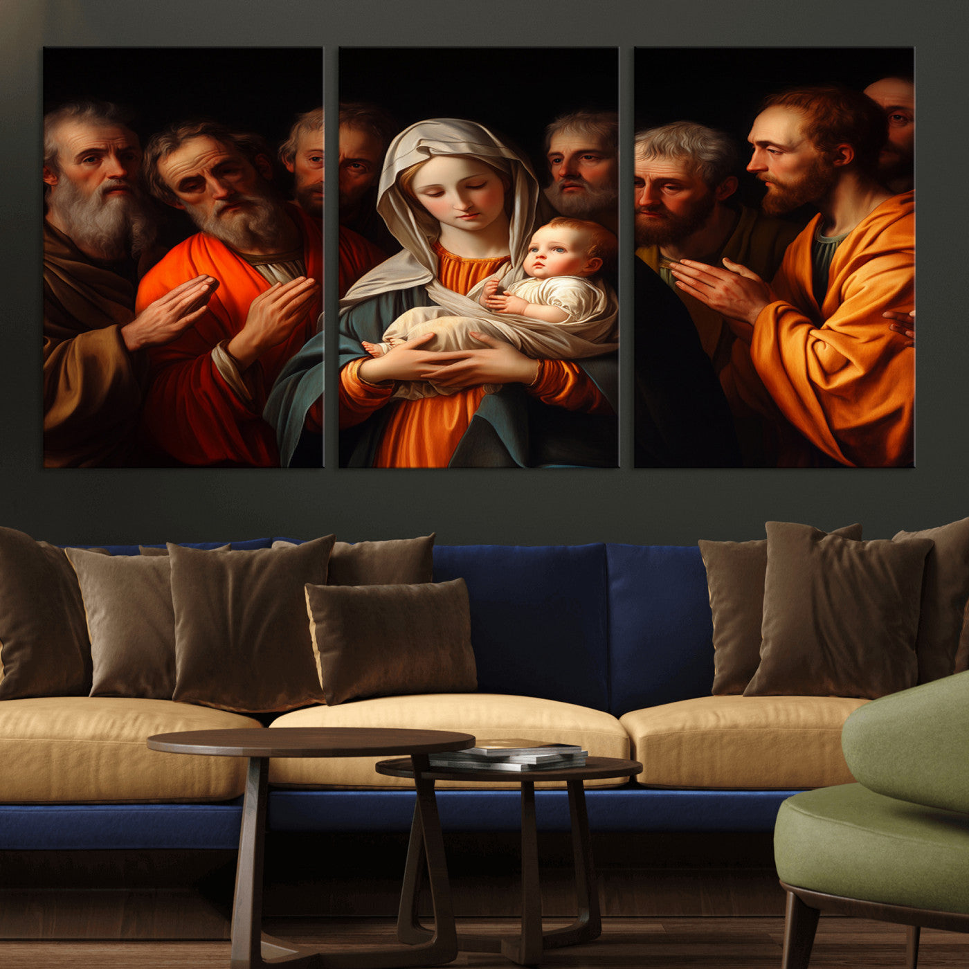 MGV-CV-60X30-3P - Religious Canvas Wall Art Print - Madonna and Child with Apostles Art Print - Classic Christian