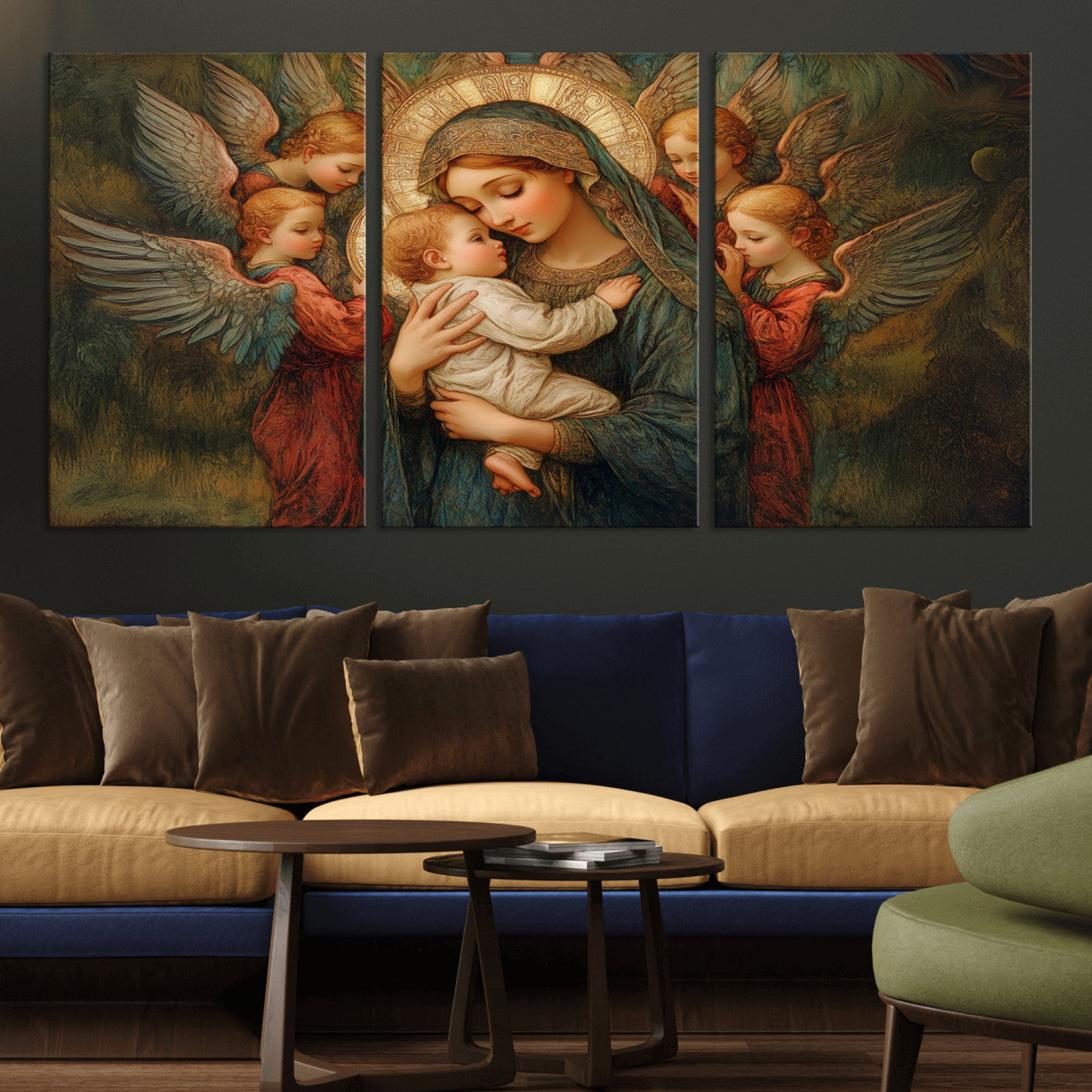 MGV-CV-60X30-3P - Mary Jesus Canvas Wall Art Print - Madonna and Child with Angels Art Print - Classic Christian
