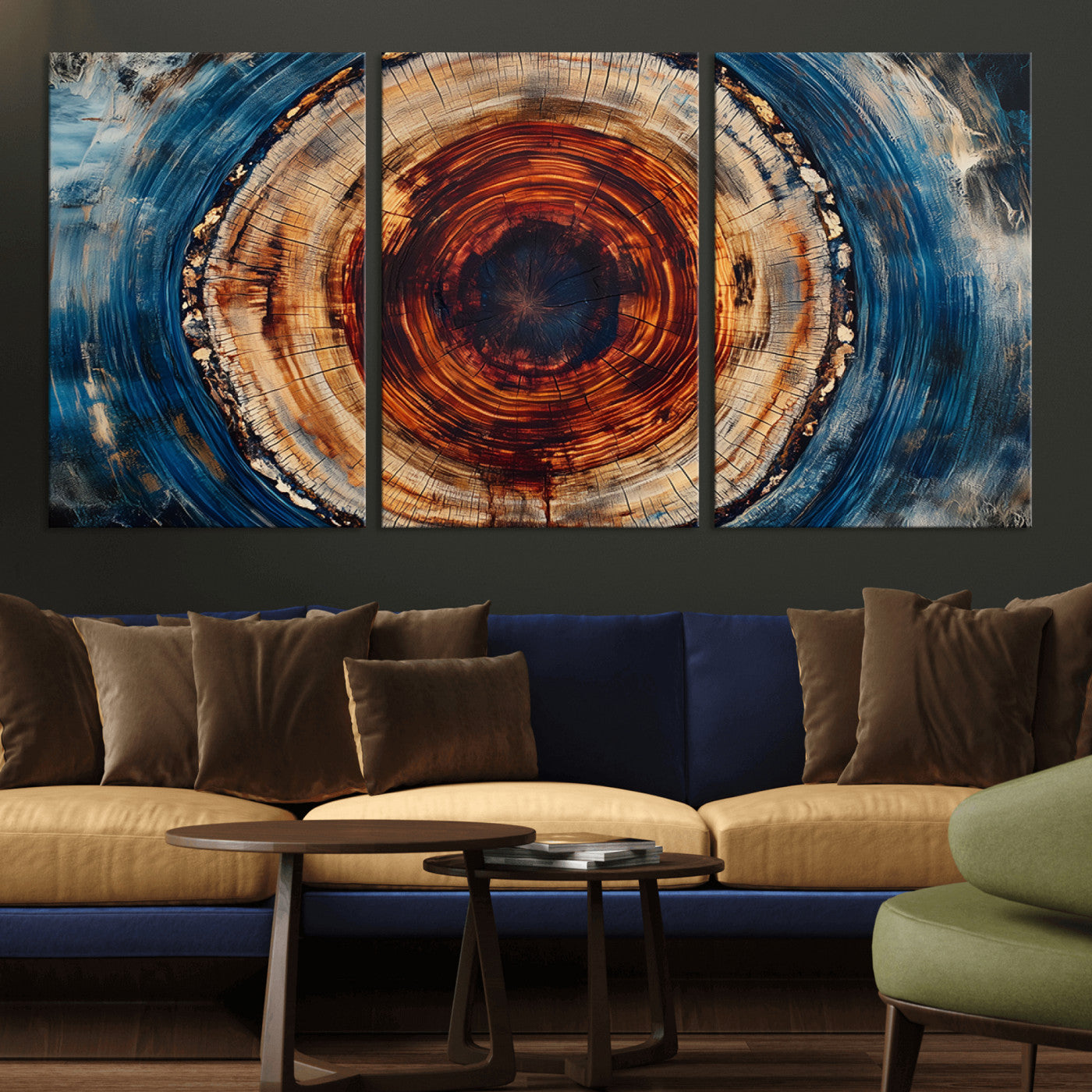MGV-CV-60X30-3P - Abstract Framed Tree Rings Wall Decor, Wood Grain Rings Artwork Print, Nature Woodland Modern Wall