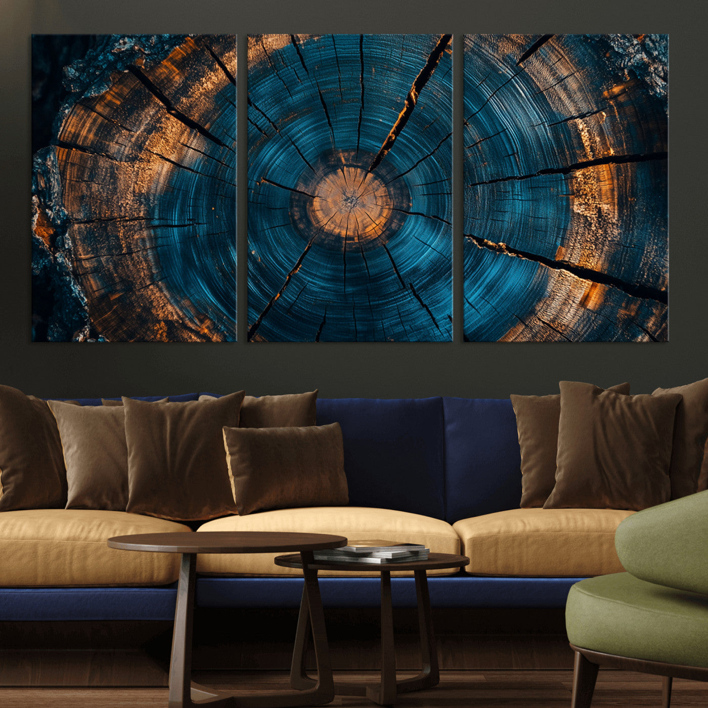MGV-CV-60X30-3P - Farmhouse Wall Art - Abstract Tree Rings Canvas Wall Art Print, Framed Wood Grain Rings Artwork