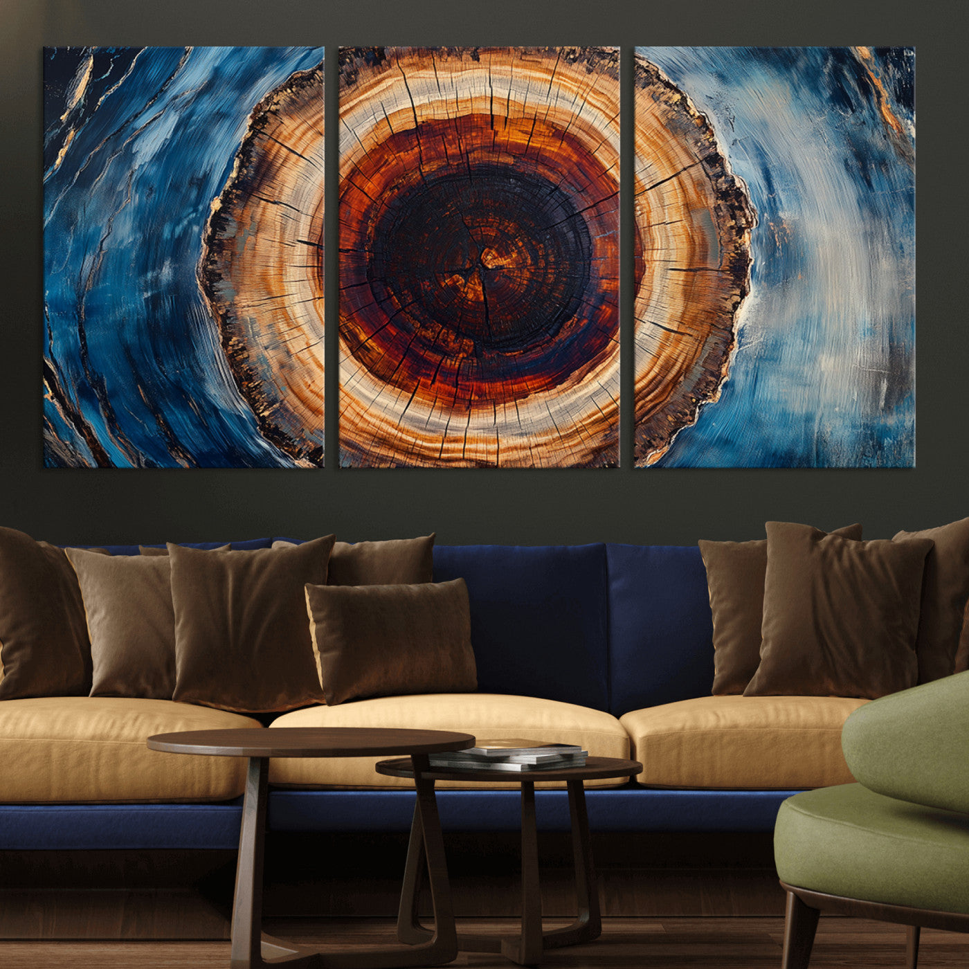 MGV-CV-60X30-3P - Framed Abstract Tree Ring Wall Art Print, Natural Rustic Wood Texture Canvas Print, Wood Tree Stump