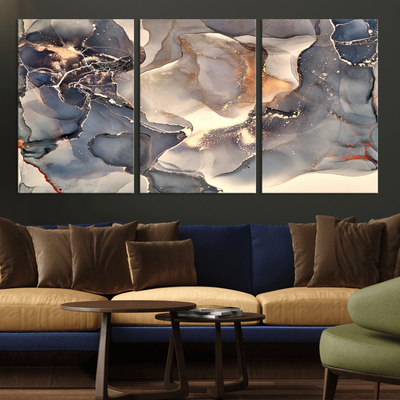 MGV-CV-60X30-3P - Abstract Blue and Gold Wall Art - Fluid Ink Artwork - Modern Luxury Wall Decor for Contemporary