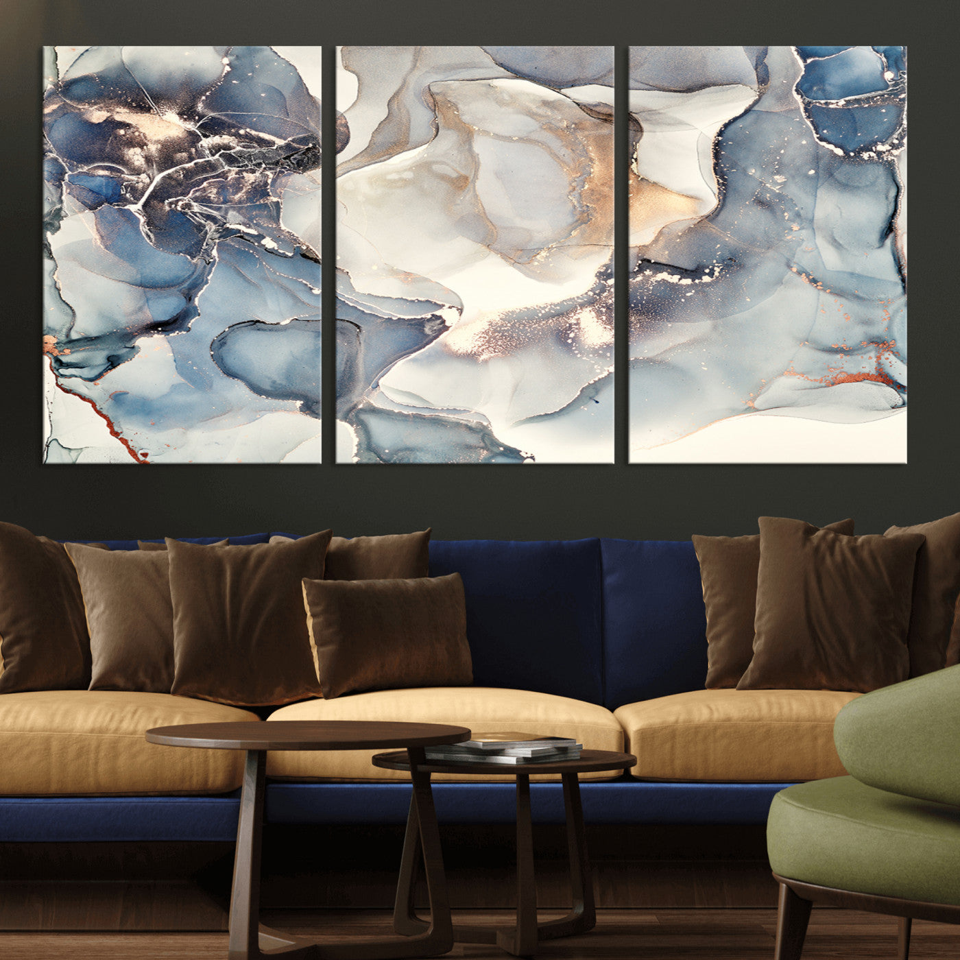 MGV-CV-60X30-3P - Abstract Blue and Gold Canvas Wall Art - Fluid Ink Artwork - Modern Luxury Wall Decor for Contemporary Interiors