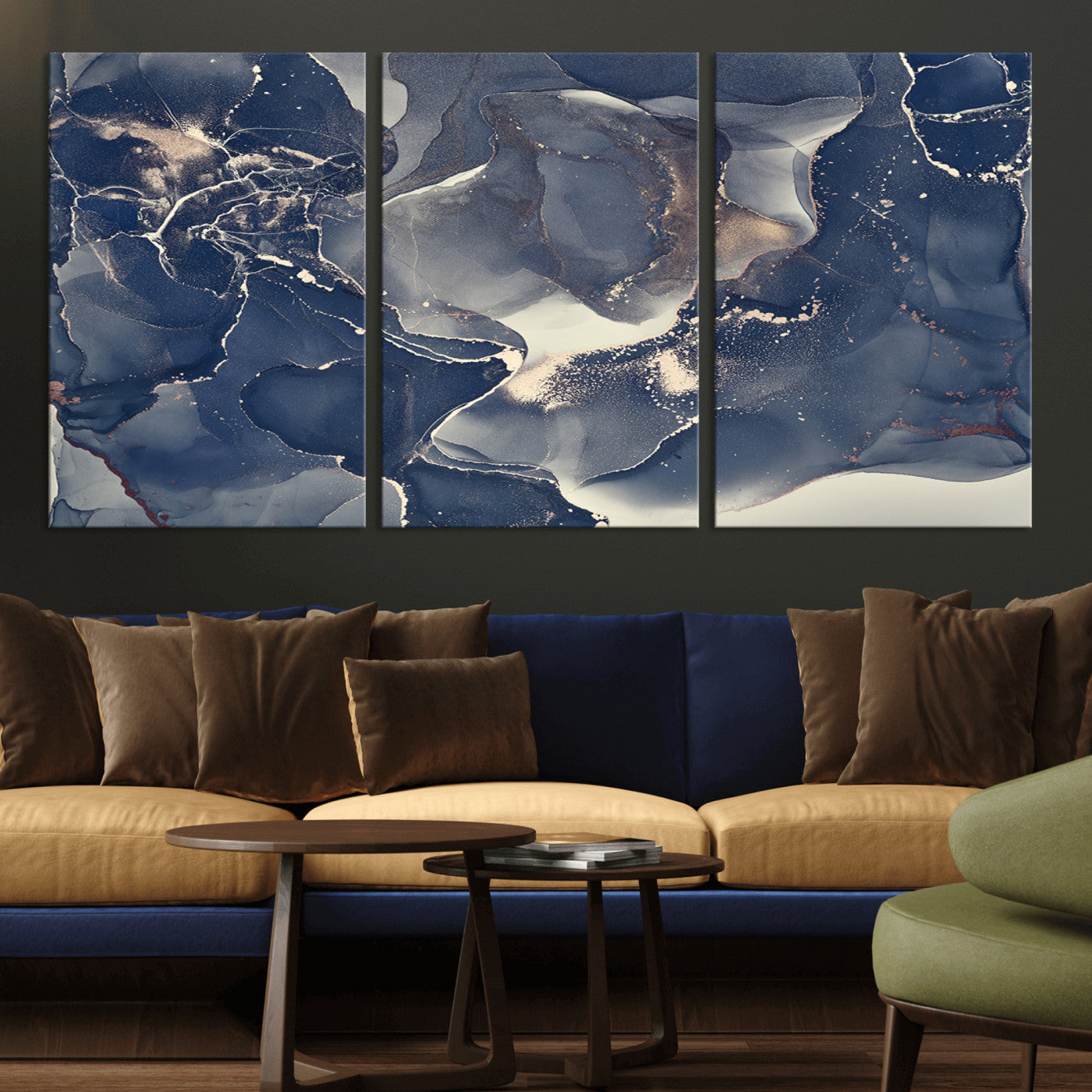 MGV-CV-60X30-3P - Large Abstract Blue and Gold Canvas Wall Art | Fluid Ink Artwork Print | Luxury Wall Decor for
