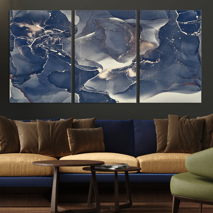 Large Abstract Blue and Gold Canvas Wall Art | Fluid Ink Artwork Print | Luxury Wall Decor for Contemporary Interiors | Framed Ready to Hang